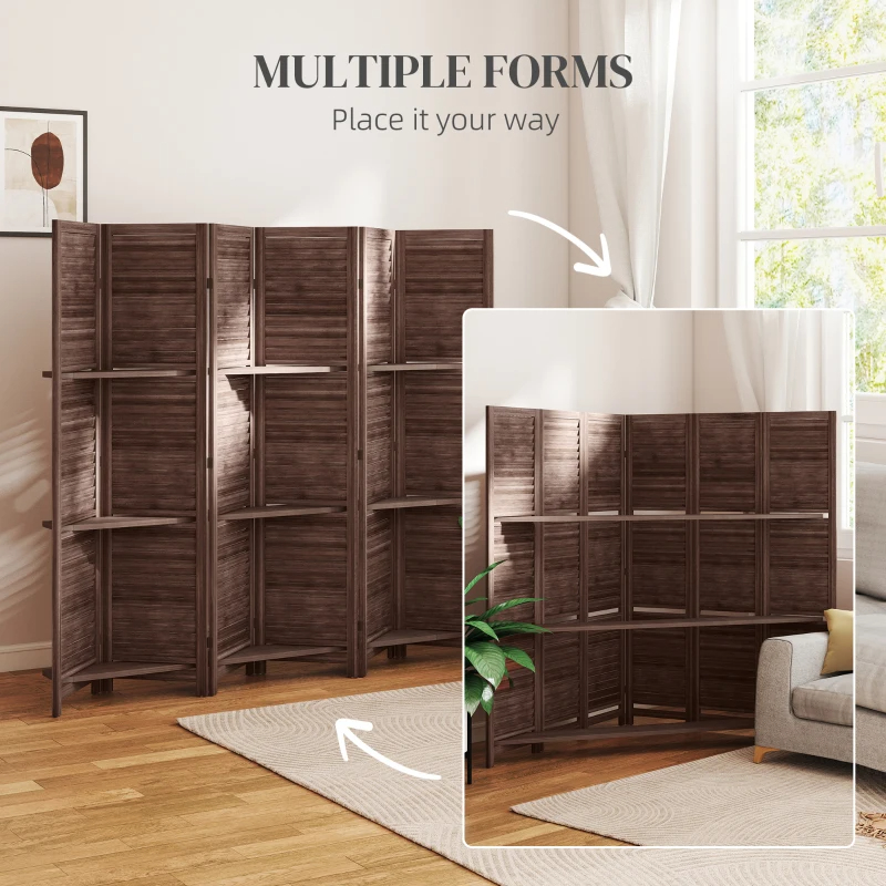 6 Panel Tall Wood Privacy Screen Room Divider With 3 Shelves And Folding Storage For Bedroom, Walnut