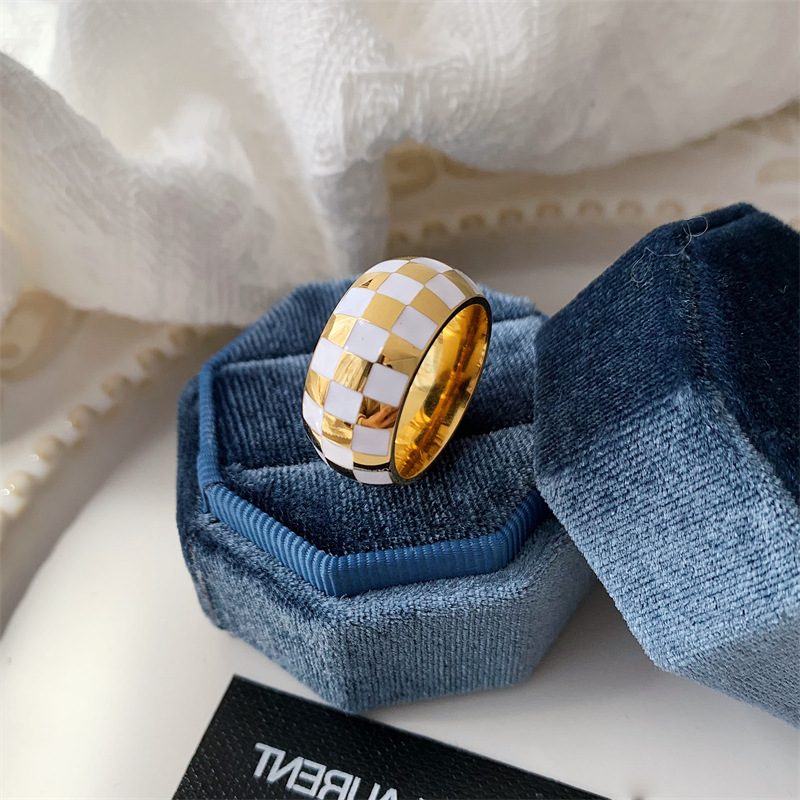 Gold White Checkered Wide Titanium Steel Gold Plated Ring Vintage Personality