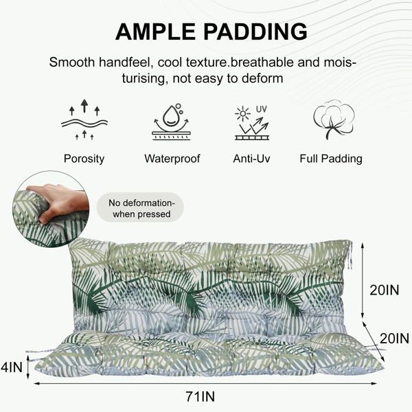 Outdoor Swing Cushions 70 Inch,Waterproof 4in Thick Porch Swing Cushion Replacement With Backrest And Ties,Comfortable 2-3 Seat Pation Swing Pad For Backyard,Garden,Lawn,Outdoor Furniture Bamboo Leaf — view 4