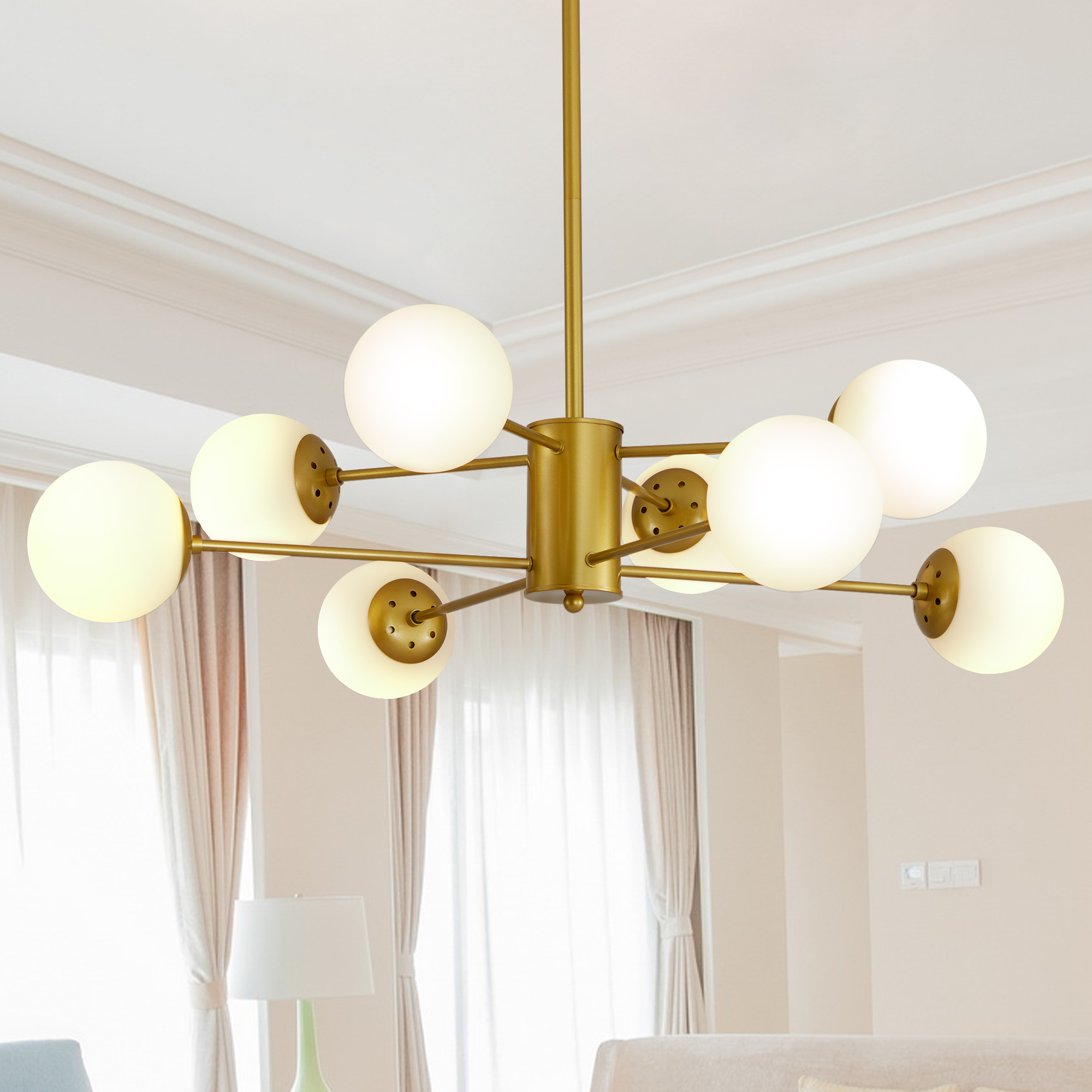 35 Modern 8-Light Gold Chandelier With White Glass Globe Shades, Mid-Century Branching Design, Elegant Ceiling Light Fixture For Dining Room, Living Room, Or Bedroom No Bulbs