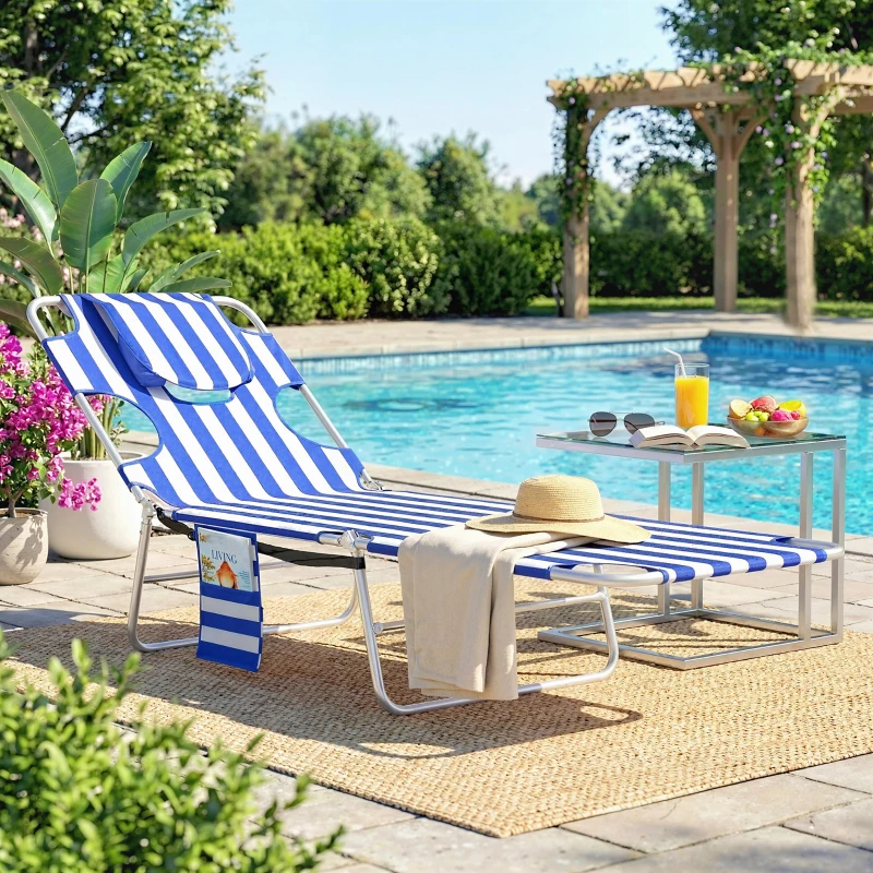 Anning Chair With Face Hole, 5-Level Adjustable Outdoor Chaise Lounge Chair With Pillow For Beach, Pool, Blue Stripes