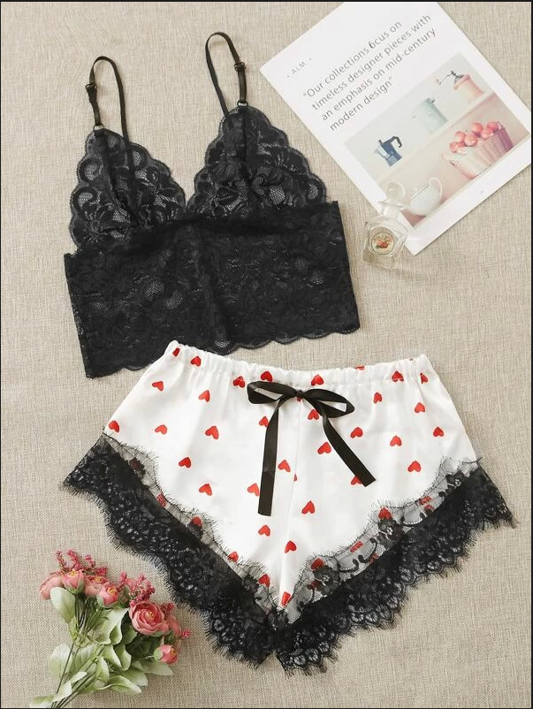 Homewear Women's Sexy Underwear Pajamas Red Heart White Shorts Top - Shop at LoveMi