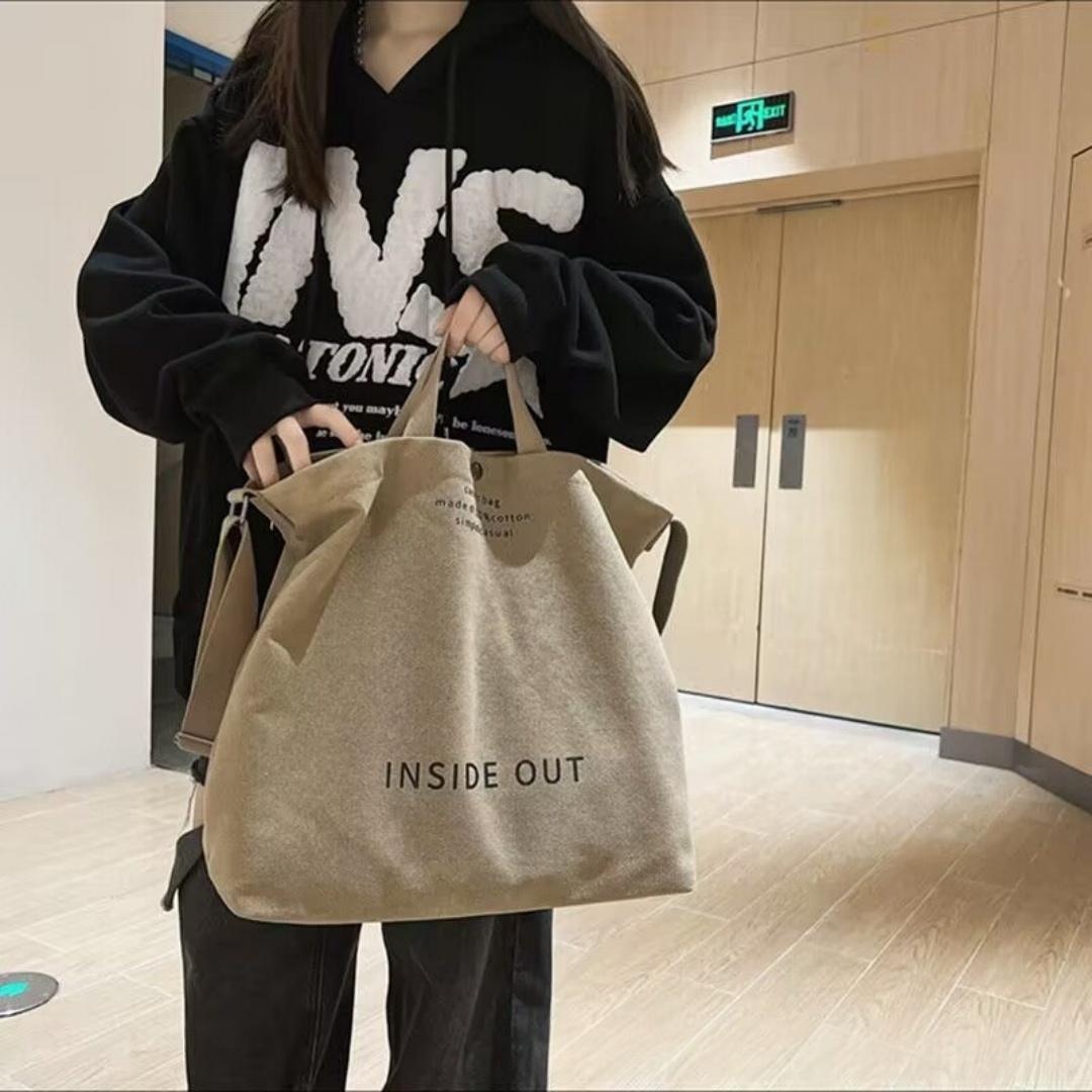 Thick Canvas Large Capacity Lightweight Tote Bag Retro Diagonal Cross Canvas Bag - Khaki Out