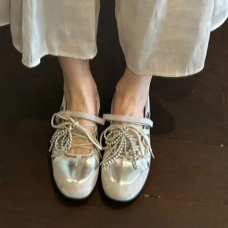 Women Retro Luxury Gold Lace-up Ballet Flats, 2026 New Autumn Hollow Versatile Comfort Invisible Height Increasing Pumps