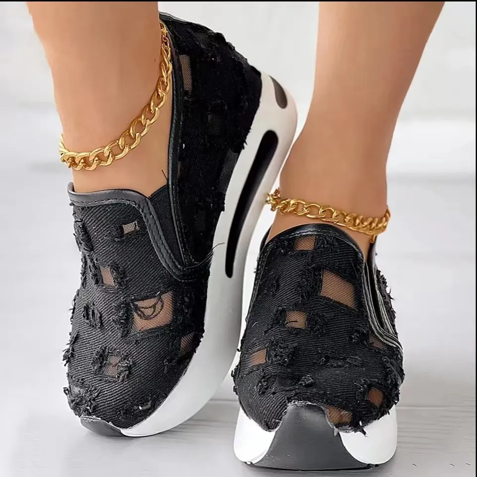 Hollow Out Canvas Shoes 6cm Heel Height Casual Shoes Fashion Flats - Black