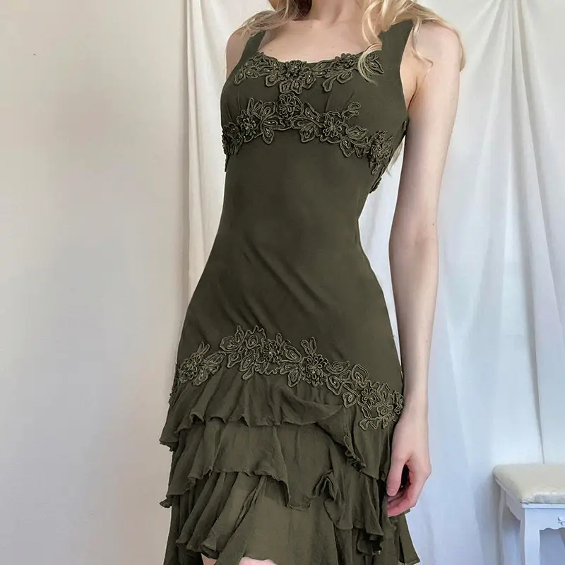 American-style Ruffled Irregular Spaghetti-strap Dress