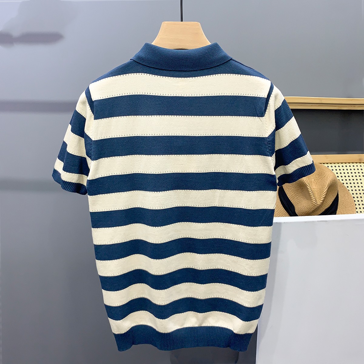Striped Ice Silk Knitted Polo Shirt Men's Short Sleeve Thin Style Lapel T-shirt Men's Half Sleeve