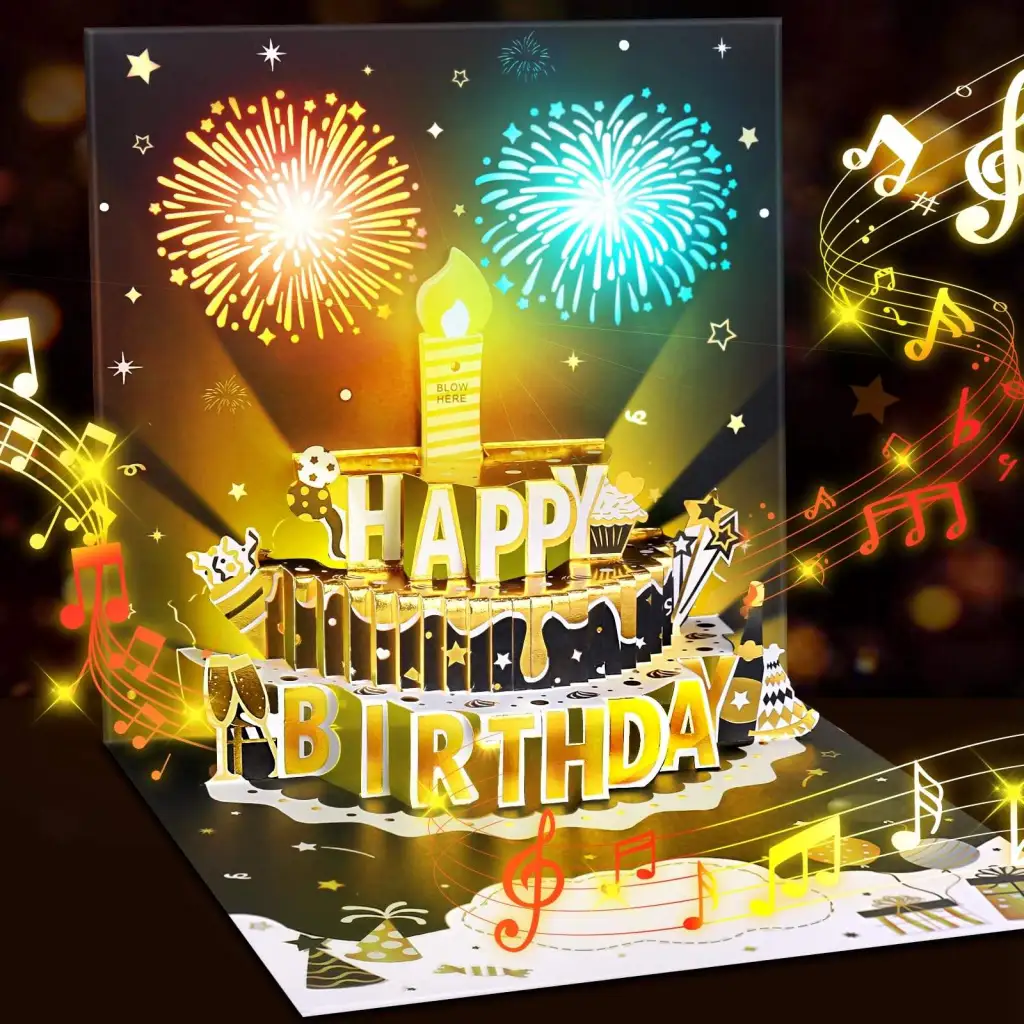 Light Music Up Card Gift Cake Happy Birthday Card With Envelope - Black