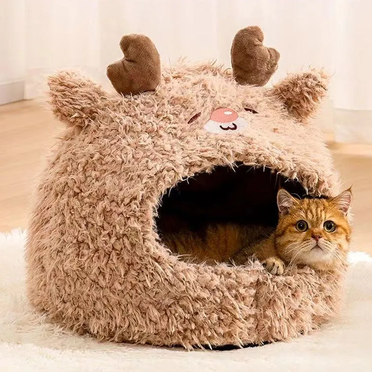 Semi Closed Pet Cat Nest Dog Sleeping Nest Warm Winter Yurt Plush Animal Models Cute Pet Velvet Nest - Fawn