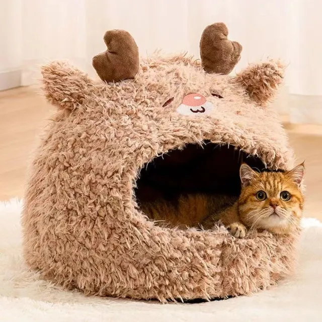 Semi Closed Pet Cat Nest Dog Sleeping Nest Warm Winter Yurt Plush Animal Models Cute Pet Velvet Nest Fawn - Shop at LoveMi