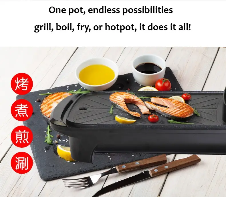 2in1 Electric Hot Pot Barbecue Grill Non-Stick Teppanyaki Pan Rectangular Cooker
