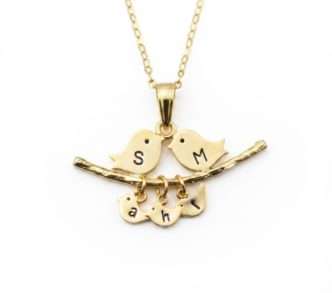 Custom Family Bird Name Necklace 24K Gold Plated Personalized Gift