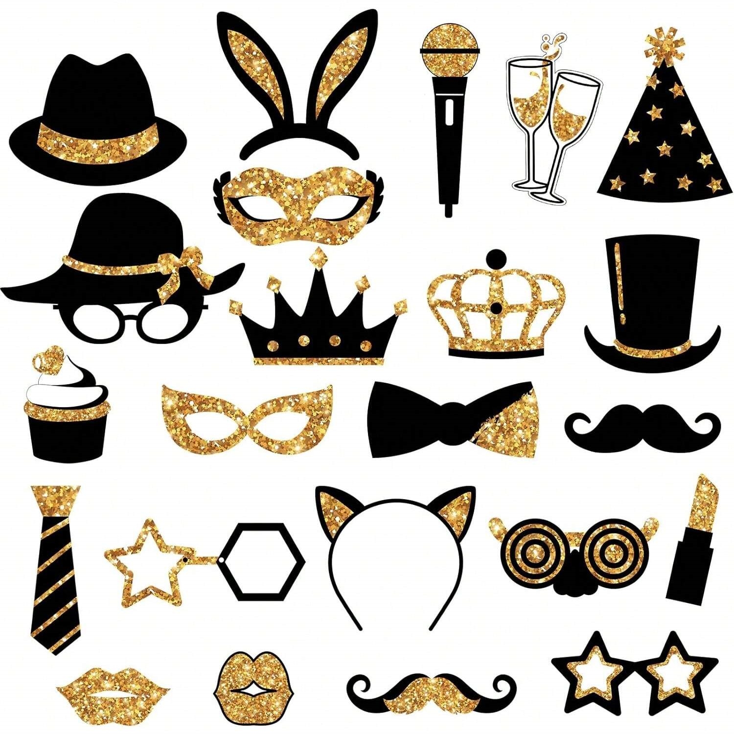 24-Piece Party Photo Booth Props – Fun DIY Selfie Accessories with Wooden Sticks for Birthdays, Weddings & Celebrations