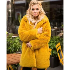 Stand-up Collar Winter Faux Fur Coat Mid-length - Yellow - View 1