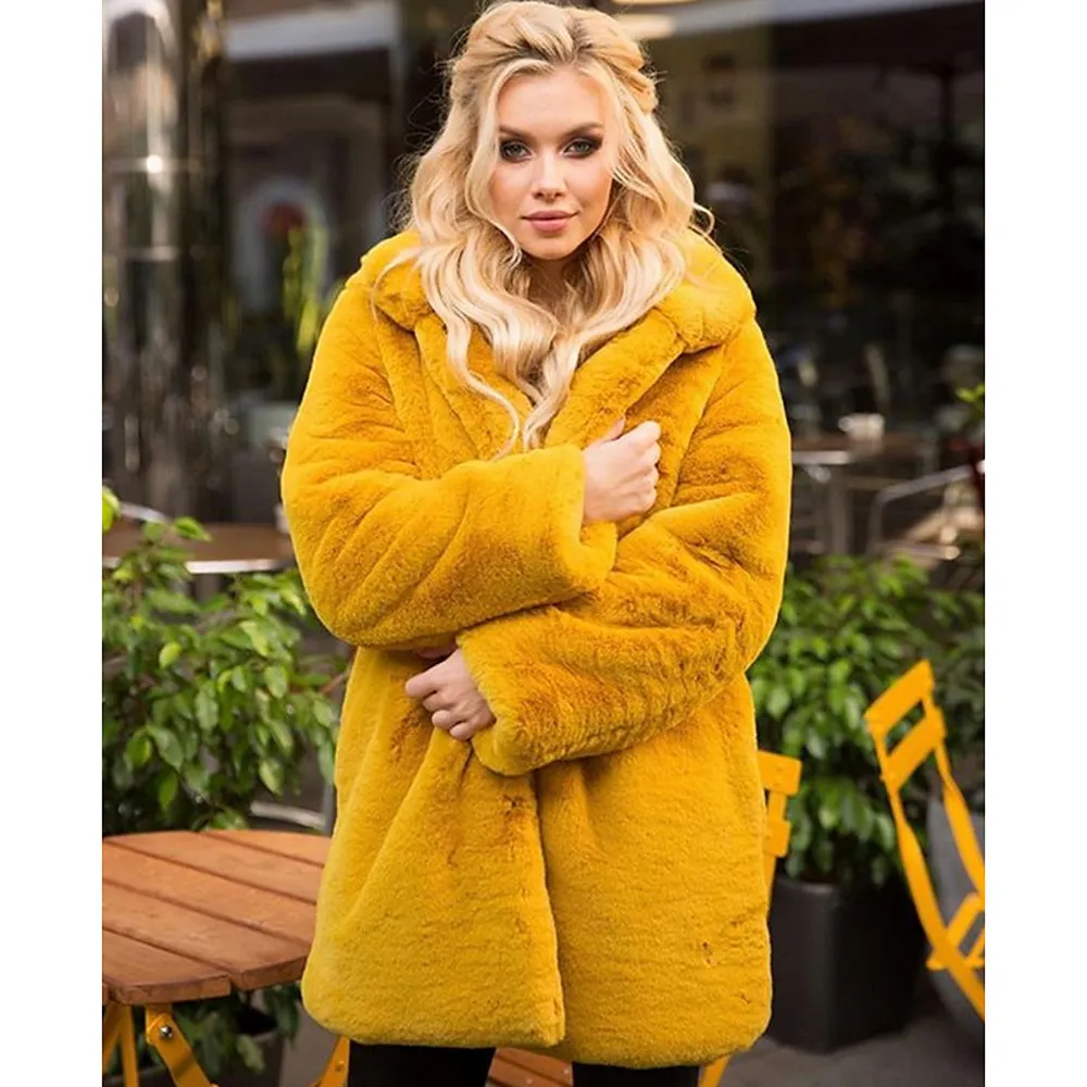 Stand-up Collar Winter Faux Fur Coat Mid-length - Yellow