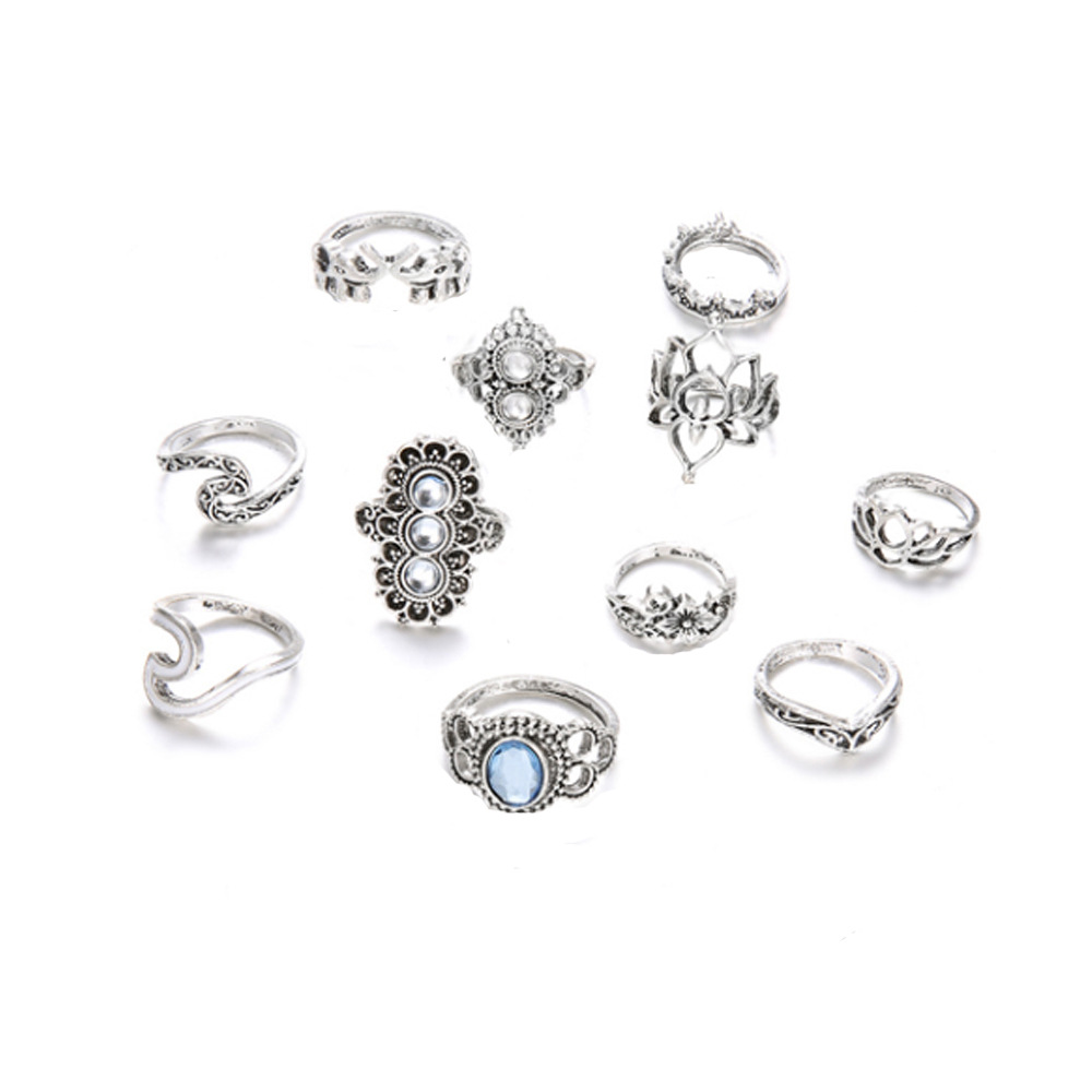 Vintage Palm Crown Diamond-Encrusted Hollowed Out Lotus Wave Elephant 11-piece Set Ring