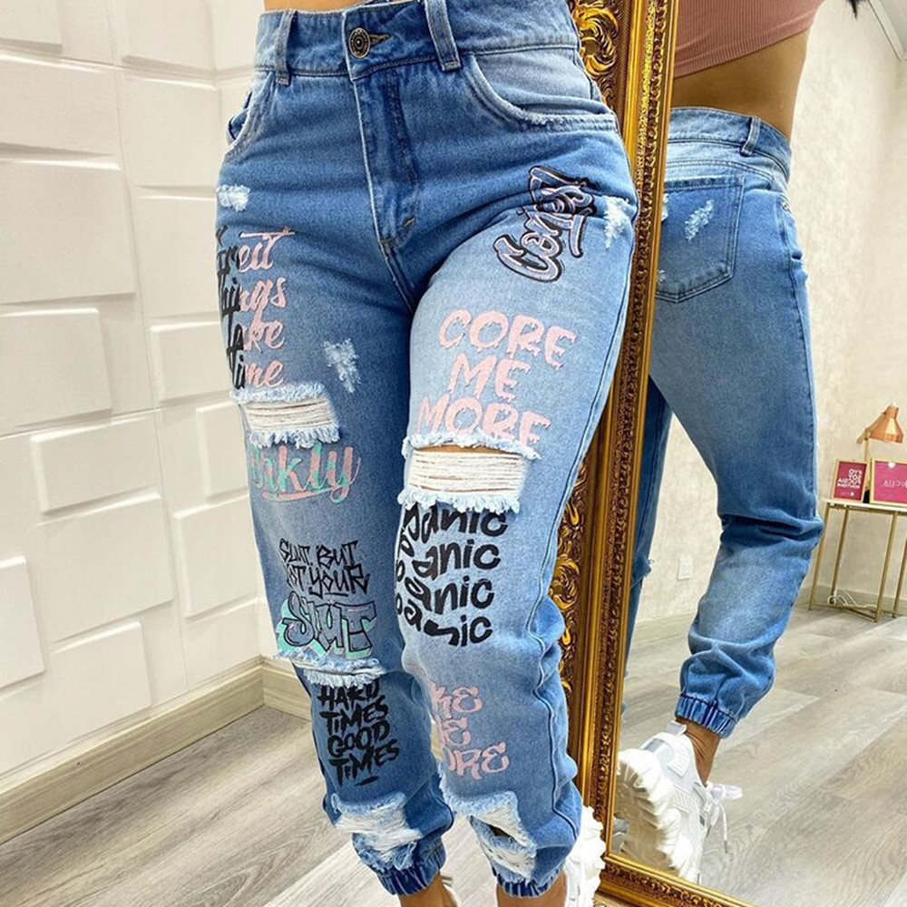 Women's Solid Ripped Alphabet Jeans Blue Blue - Shop at LoveMi