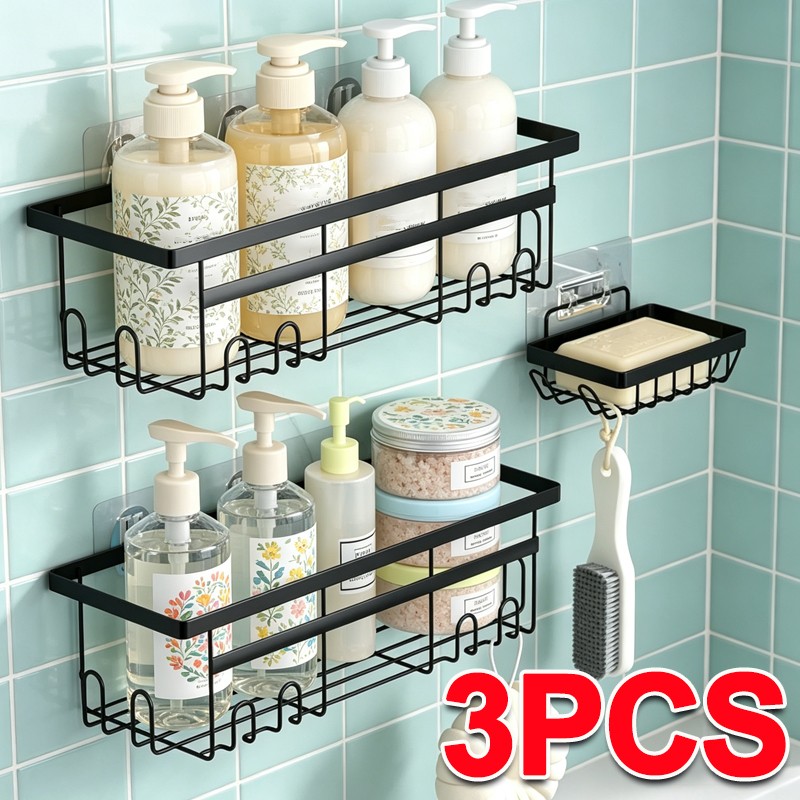 3x Self Adhesive Bathroom Shower Caddy Shelf Rack Storage Black Stainless Steel — image 12