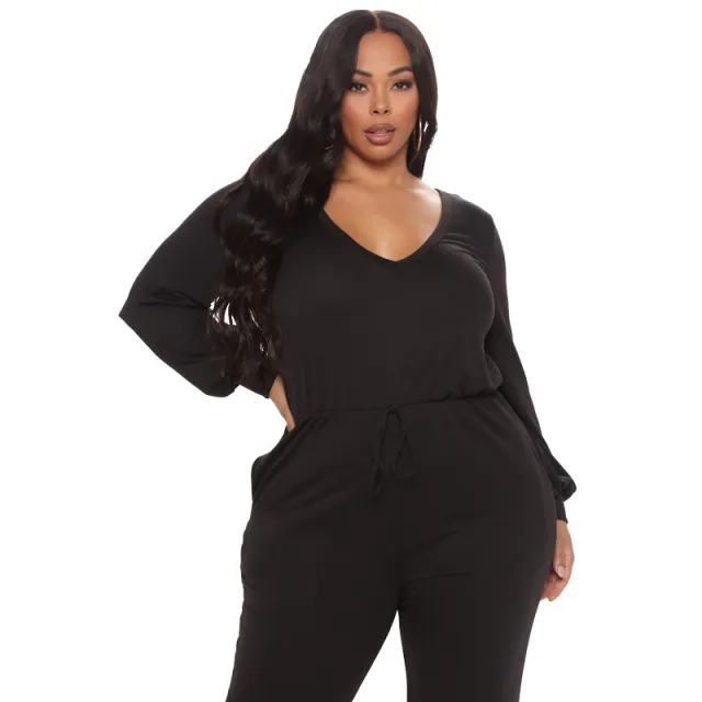 Women's V Neck Back Cutout Long Sleeve Casual Waist Jumpsuit Black - Shop at LoveMi