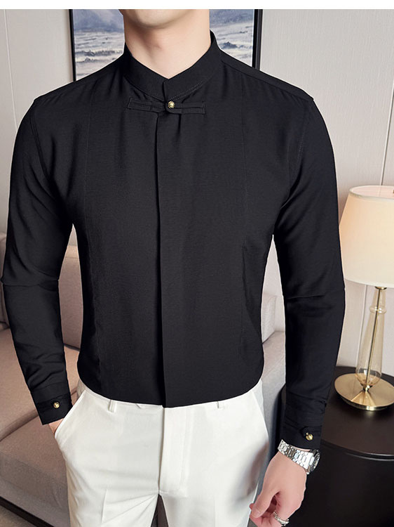 Men's Solid Color Stand Collar Long-sleeved Shirt