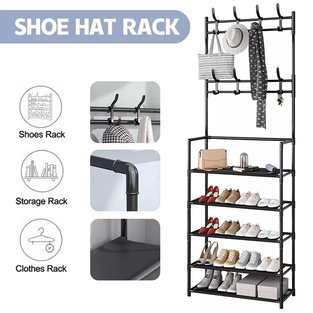 New Coat And Hat Stand 8 Hooks Metal Shoe Rack 5 Tiers Shelf Hanger Black — image 5