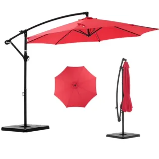 10ft Offset Hanging Outdoor Patio Umbrella With Base Stand Rotate And Tilt, 8 Ribs, UV Protection For Pool Garden Backyard Market, Red  Shipment From Walmart