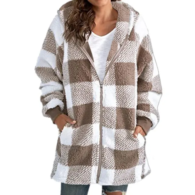 Women's Plaid Hooded Jacket, Long Sleeve Zip Up Oversized Coat With Pockets For Winter Casual And Commute Khaki - Shop at LoveMi