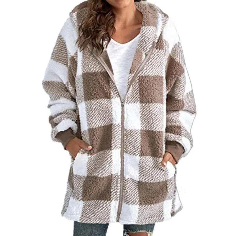 Women's Plaid Hooded Jacket, Long Sleeve Zip Up Oversized Coat With Pockets For Winter Casual And Commute - Khaki