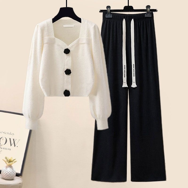 Gentle Puff Sleeve Knit Sweater High Waist Wide Leg Casual Pants Set
