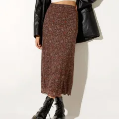 Floral Print Elastic High-waisted Half Long Bag Hip Mesh A-line Skirt - Brown - View 1