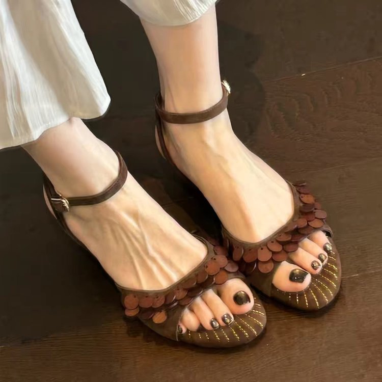 Women's 2026 New Italian Vintage Sequin Open Toe Sandals, Versatile Elegant Casual Medium Heel Shoes For Summer