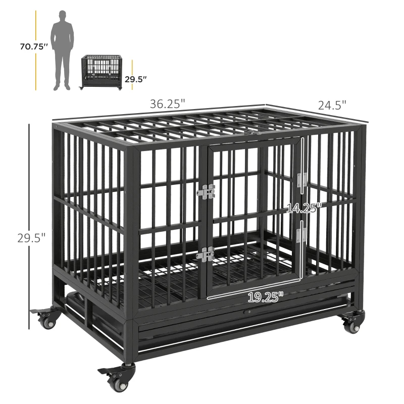 Heavy Duty Dog Crate Metal Cage Kennel With Lockable Wheels, Double Door And Removable Tray, Gray