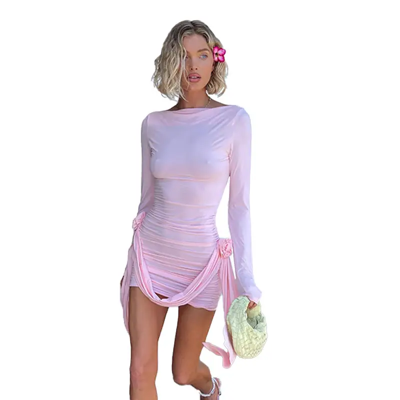 Women's Long-Sleeve Mini Dress with Ruched Detail and Side Flower
