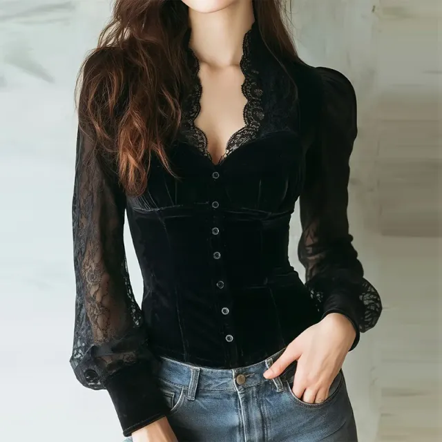 Women's Velvet & Lace Trim Top V Neck Long Sleeve Blouse With Button Accent For Autumn And Winter Black - Shop at LoveMi