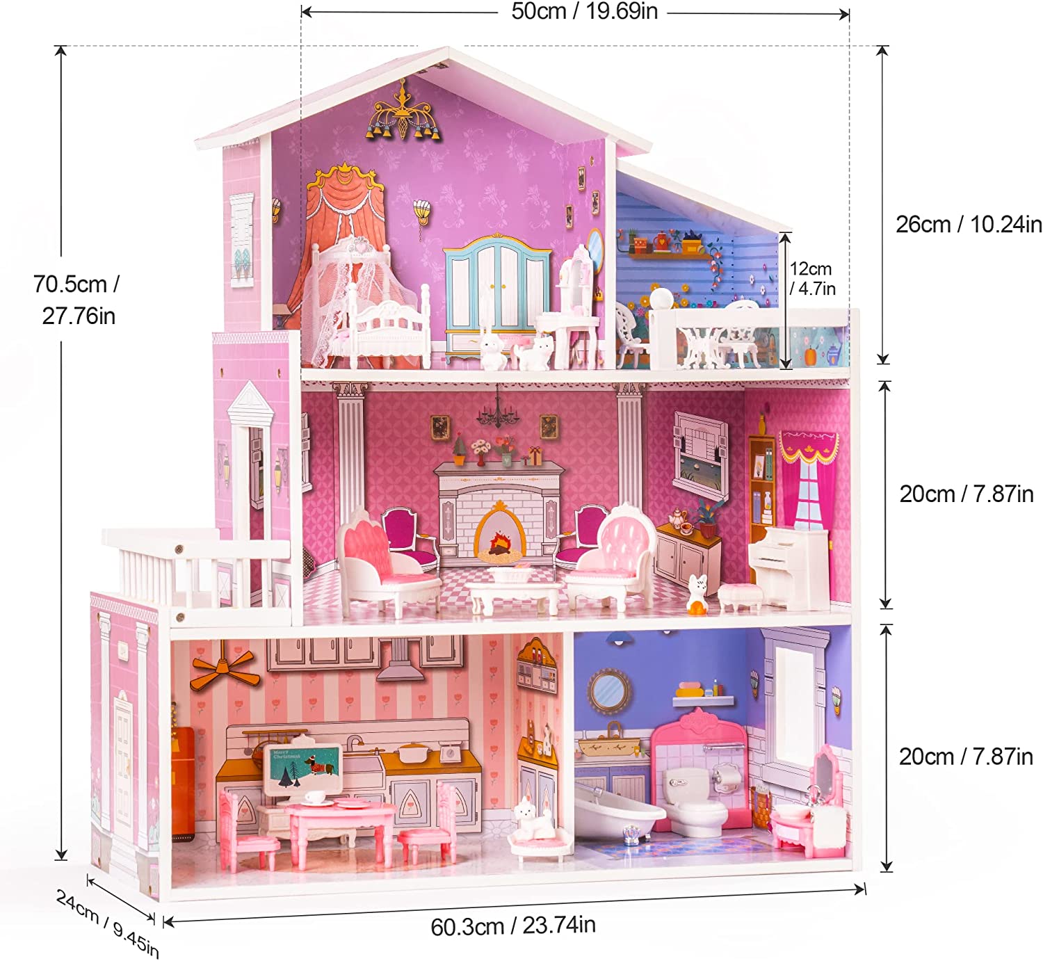 Wooden Dollhouse with Furniture for Girls Material: Wood (MDF) Size: 23.7 x 9.4 x 27.8 inches Item Weight: 16.3 Pounds Recommended Age: 8+