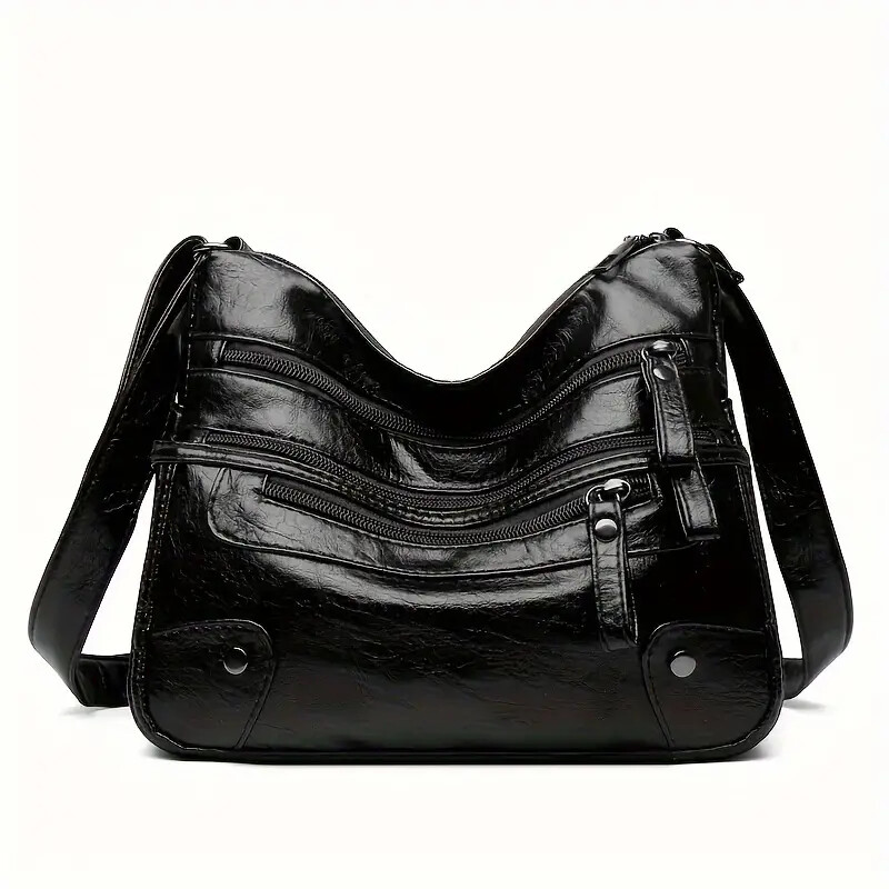 Women Shoulder Bag Large Capacity Washed Leather Messenger Bags Multi Zipper - Picture 8 of 8