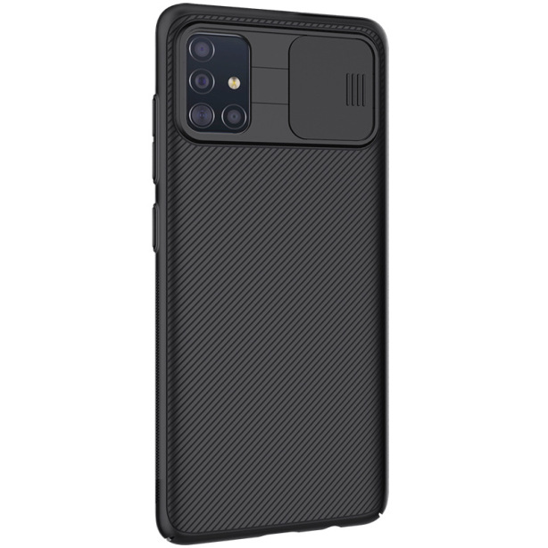 Samsung A71-ի պատյան՝ տեսախցիկի սահող պաշտպանիչ ծածկով, սև հայելի