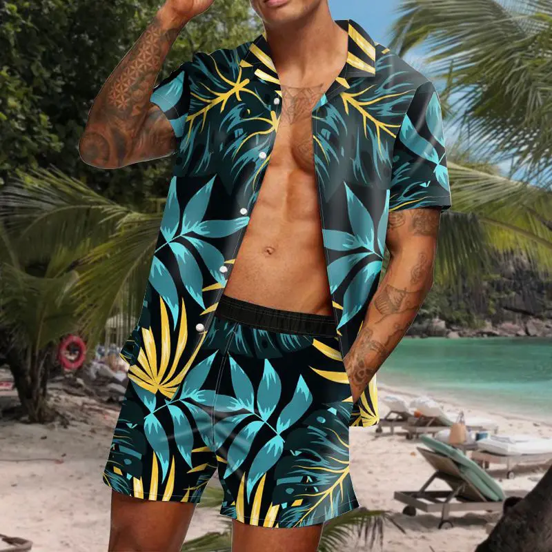 Men's Summer Short-sleeved Shirt Two-piece Beach Pants Suit