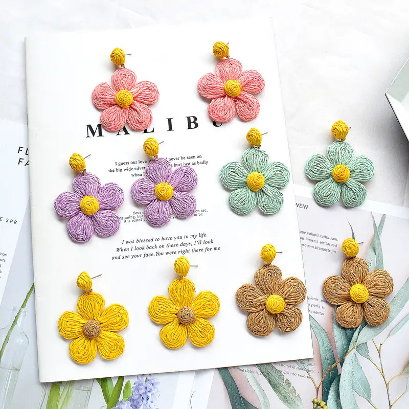 Summer Raffia Rattan Braided Large Flower Earrings