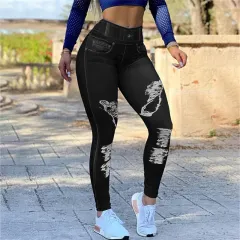 Ladies High Waist High Stretch Faux Denim Leggings - Black - View 1