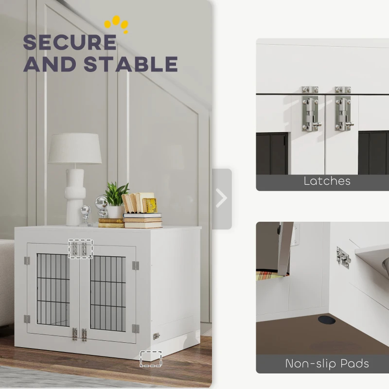 PawHut Dog Crate Furniture With 360 Rotatable Removable Dog Bowls, Dog Kennel Furniture For Medium Dogs, White