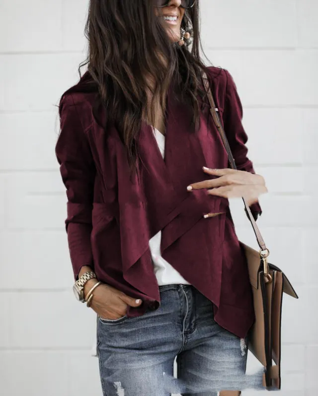 Lapel Solid Color Deerskin Velvet Medium Long Women's Small Coat Wine Red - Shop at LoveMi