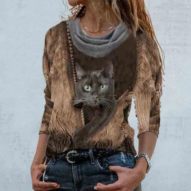 Casual Cat Print Pullover Sweater Women Coffee - Shop at LoveMi