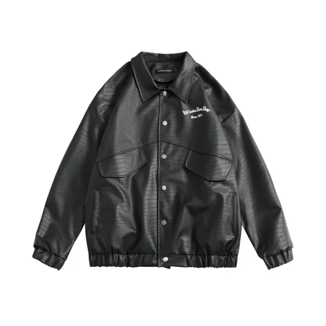 Leather Jacket Lapel Loose Retro Top Black - Shop at LoveMi