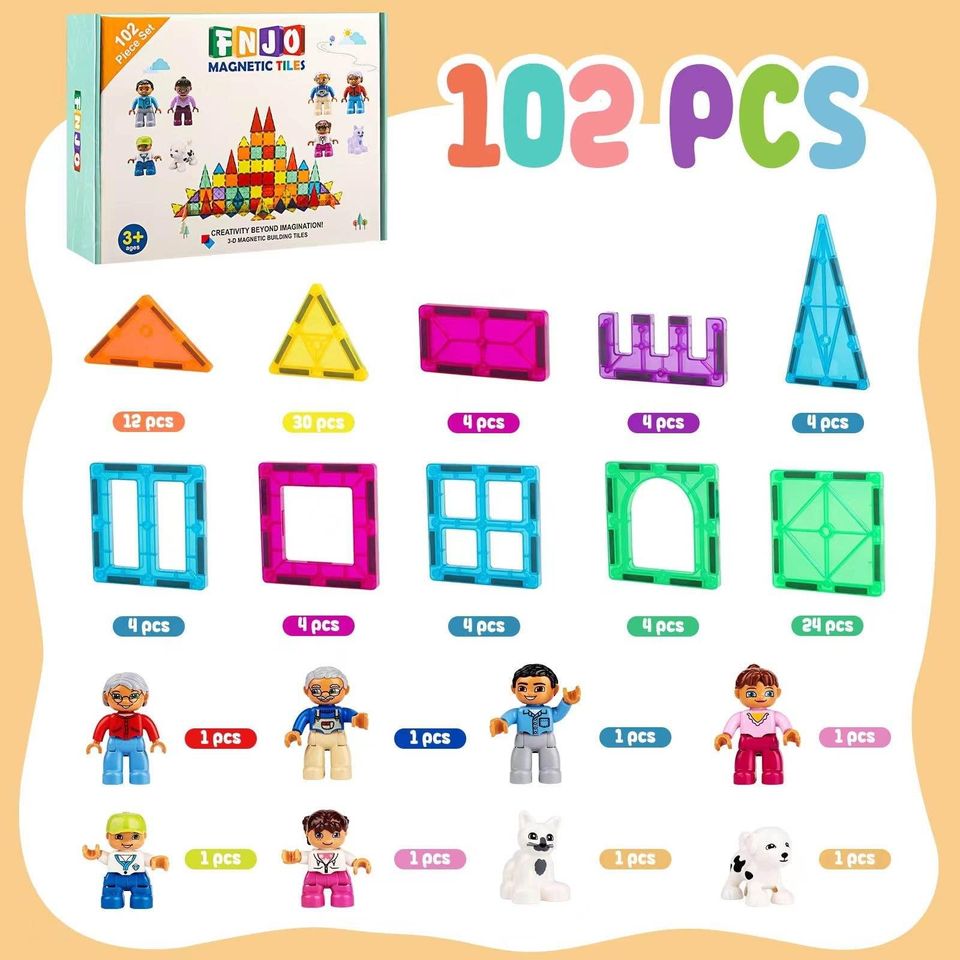 Magnetic Building Blocks Set for Kids. Larger magnetic tiles set, 102PCS in total（all basic shapes and colors, no cars）with an idea book. compatible with most of the magnetic building tiles on the market. The magnet tiles set is made of high quality ABS p