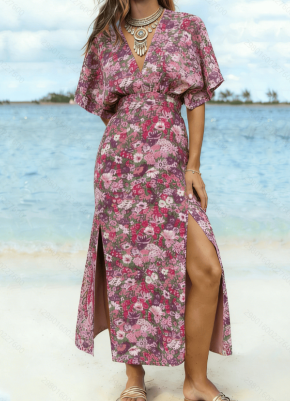 Resort-style Tropical Botanical Print V-neck Fitted Waist Dress For Women