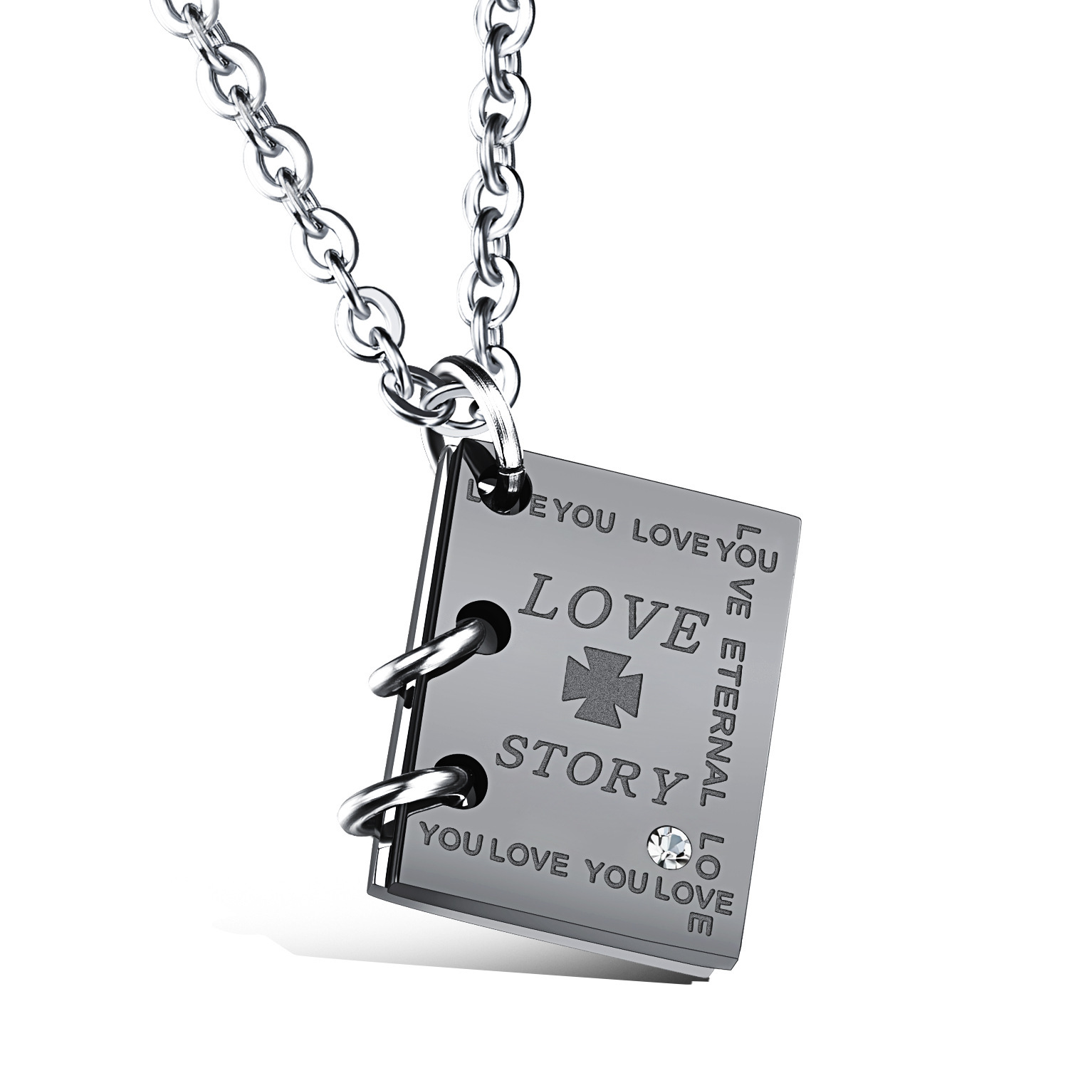 Love story book titanium steel couple necklace (silver)