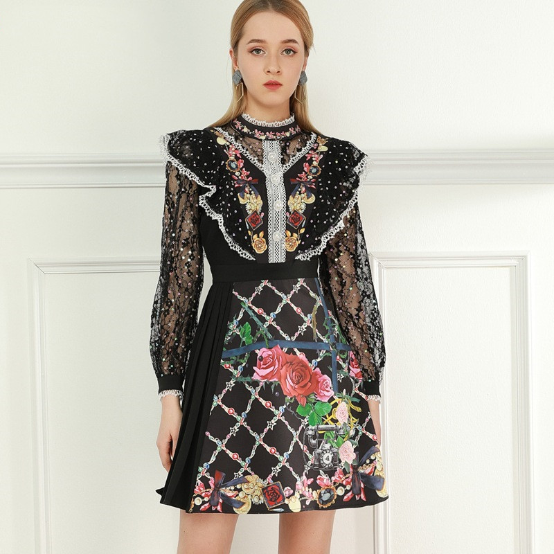 Women Foliage Black Plaid Print Dress