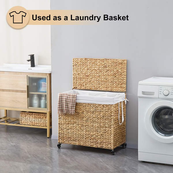 160L 3-Section Laundry Hamper With Lid And Wheels, Woven Natural Water Hyacinth Rolling Laundry Hamper — foto 7