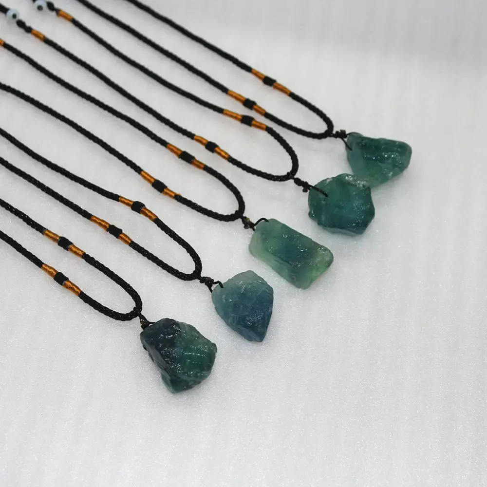 Ran Crystal Rough Stone Pendant Necklace Green Fluorite